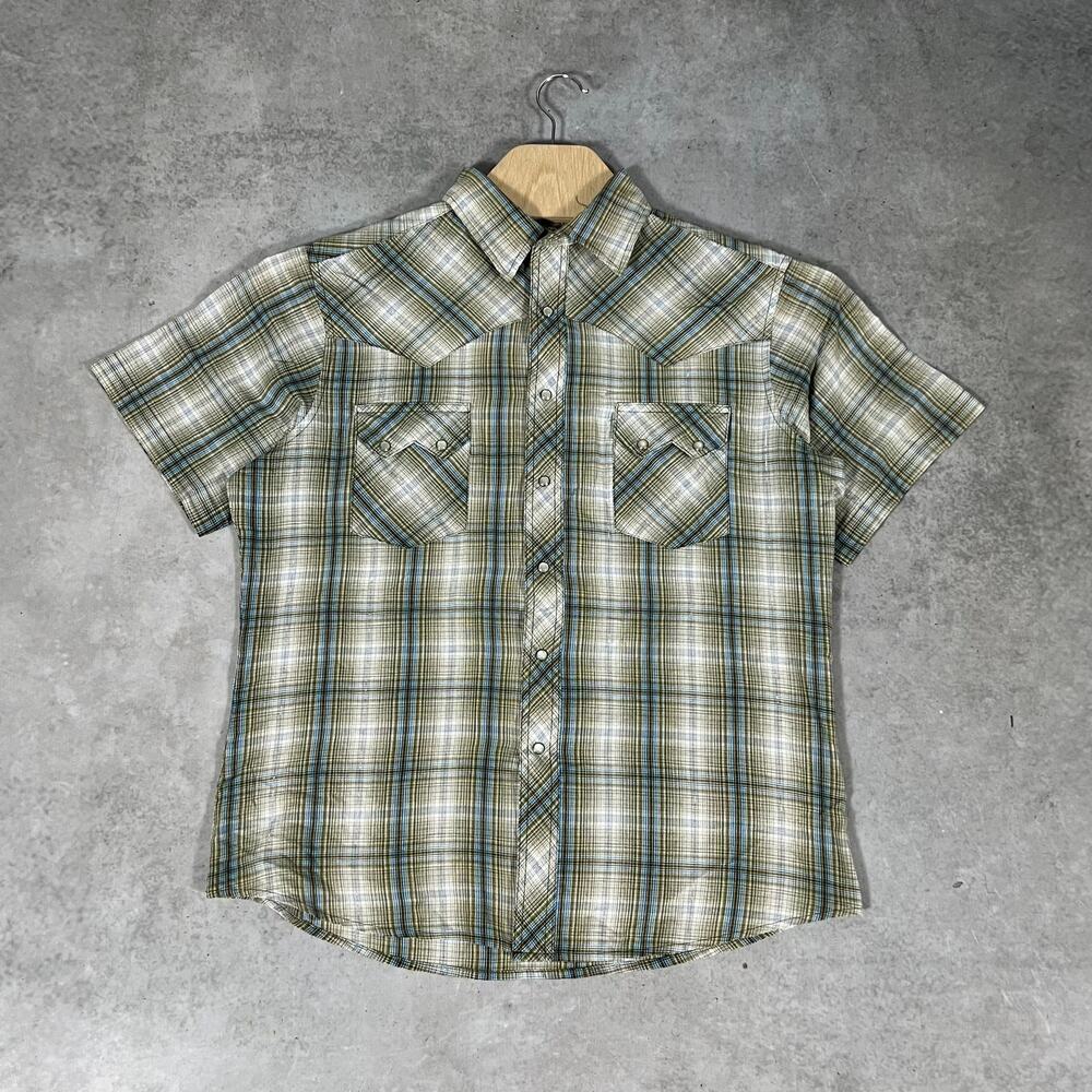 Vintage Wrangler Shirt Mens Large Green Plaid Western Metallic Pocket Pearl Snap